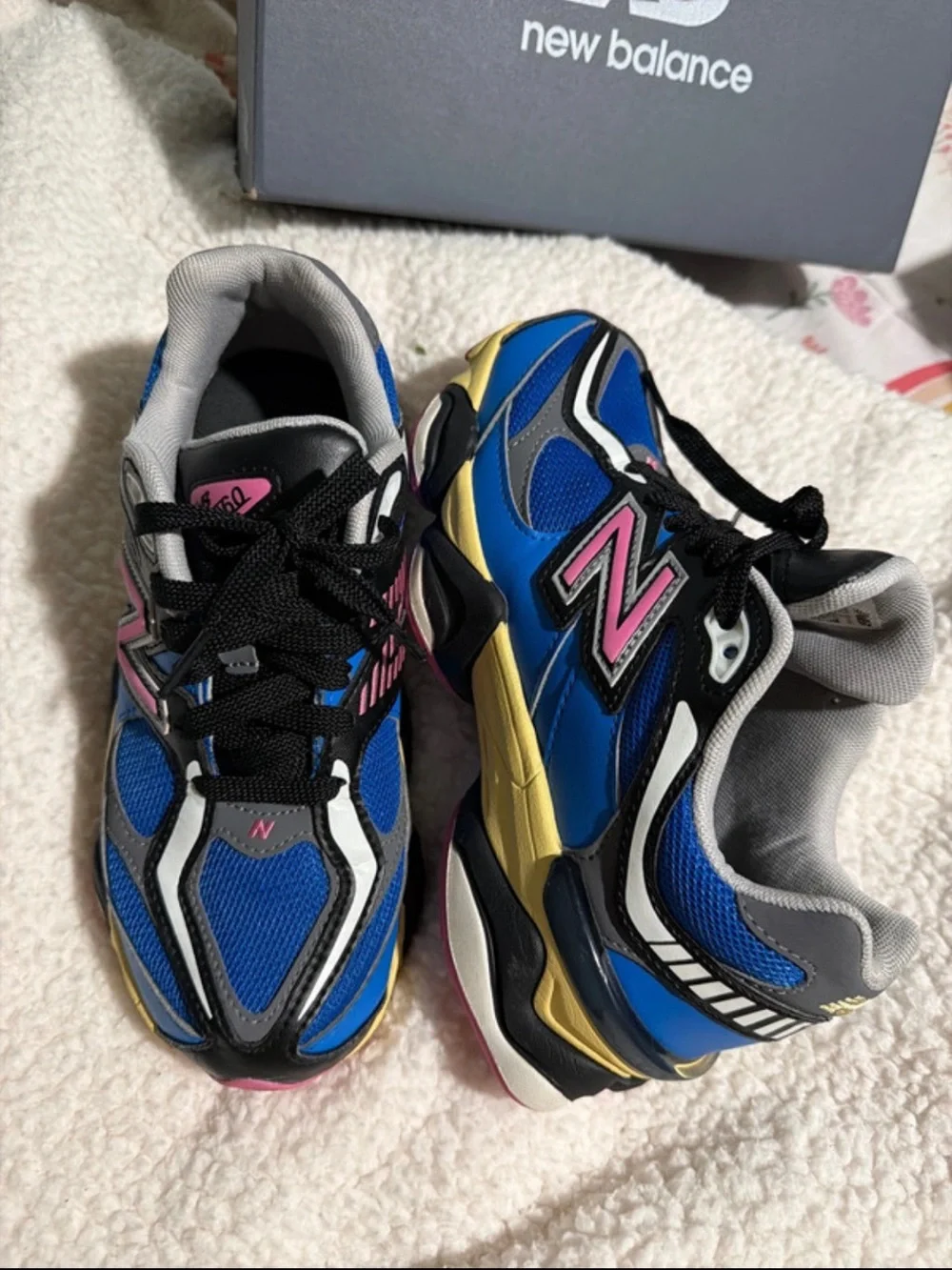 New Balance Kids Royal Blue Sneakers with Pink and Yellow Accents